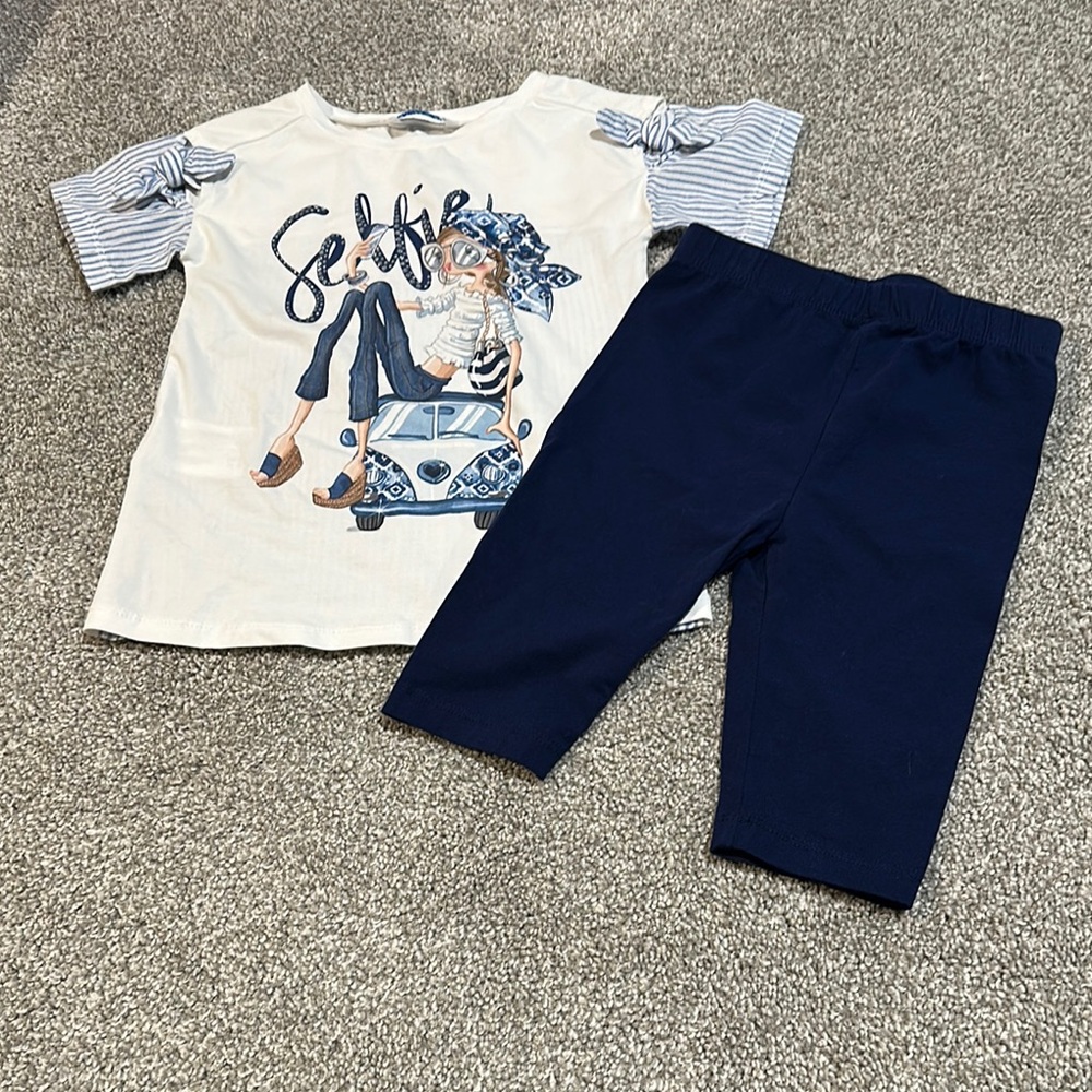 Mayoral matching set girl taking selfie navy‎ blue pants white top size 2 NWOT